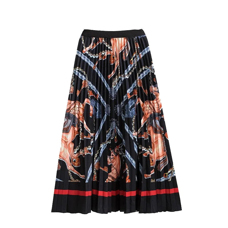 Casual Floral Midi Pleated Skirt For Women Fashion Printed Flower A Line Elastic High Waist Mid-length Skirt Female Ladies falda