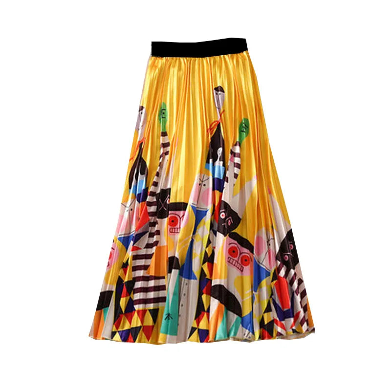 Casual Floral Midi Pleated Skirt For Women Fashion Printed Flower A Line Elastic High Waist Mid-length Skirt Female Ladies falda