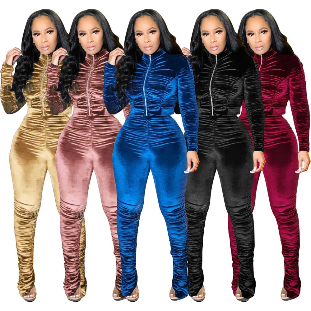 Autumn Winter Velvet Tracksuit Women Clothing Sets Ruched Casual Two Piece Set Top and Pants Sweat Suits Velour 2 Piece Outfits