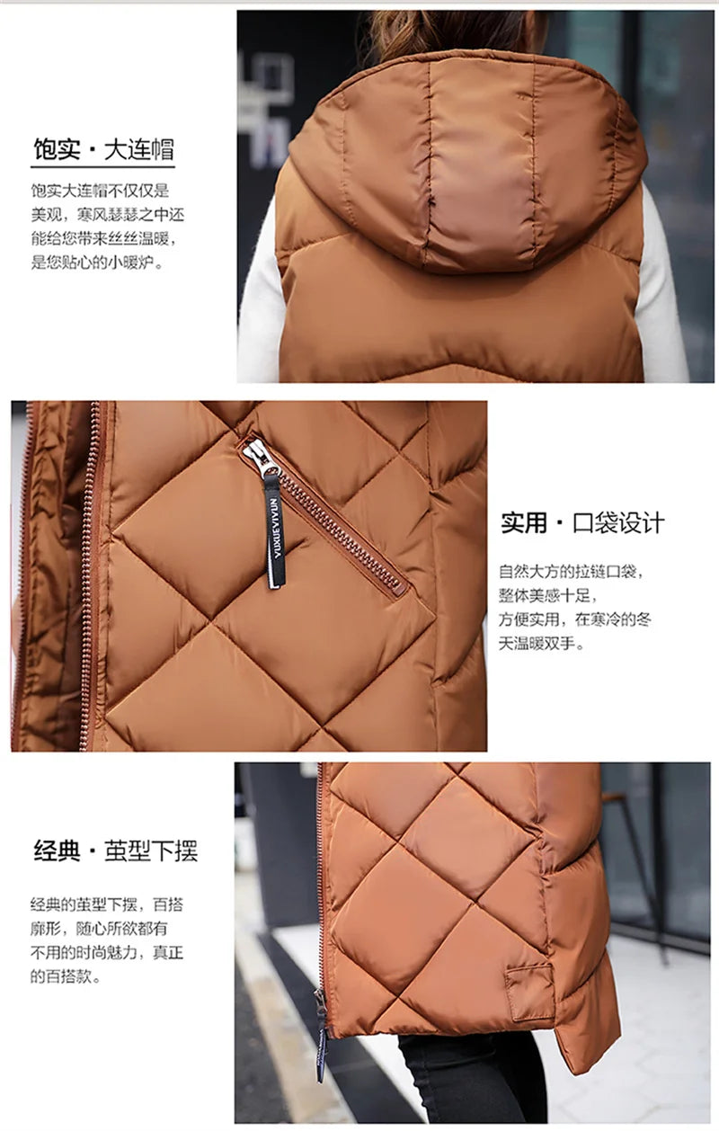 2024 New Winter Down Cotton Hooded Sleeveless Waistcoat Loose Vest Cotton Vest Long Women's Autumn Jacket Female Bisic Coats 90