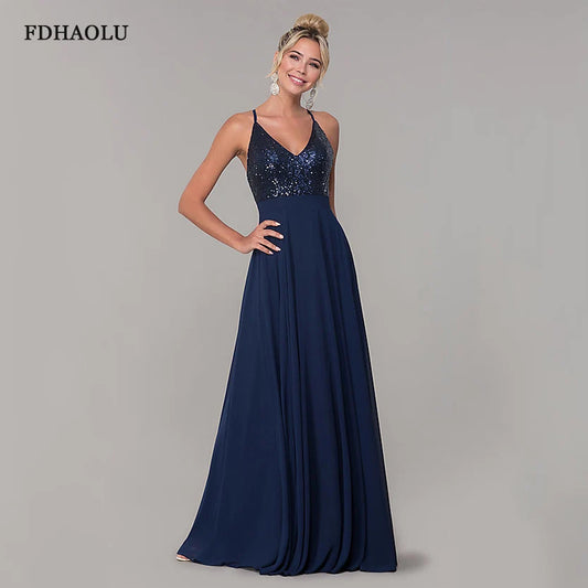 AE104 Robe De Soiree Navy Blue New Elegant A Line V Neck Backless Long Formal Evening Dresses Sequined Party Gowns Customized