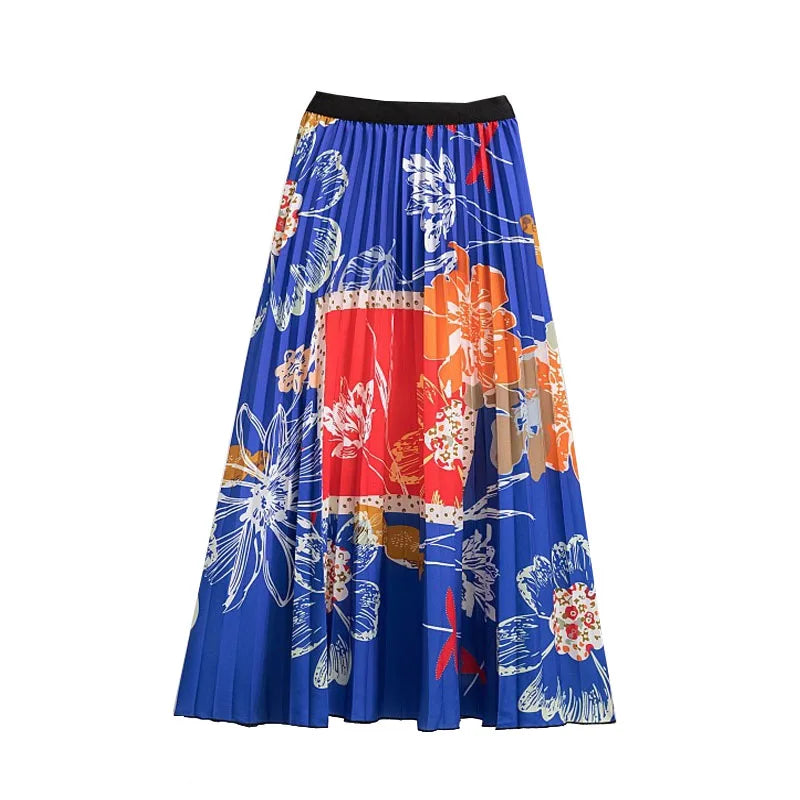 Casual Floral Midi Pleated Skirt For Women Fashion Printed Flower A Line Elastic High Waist Mid-length Skirt Female Ladies falda