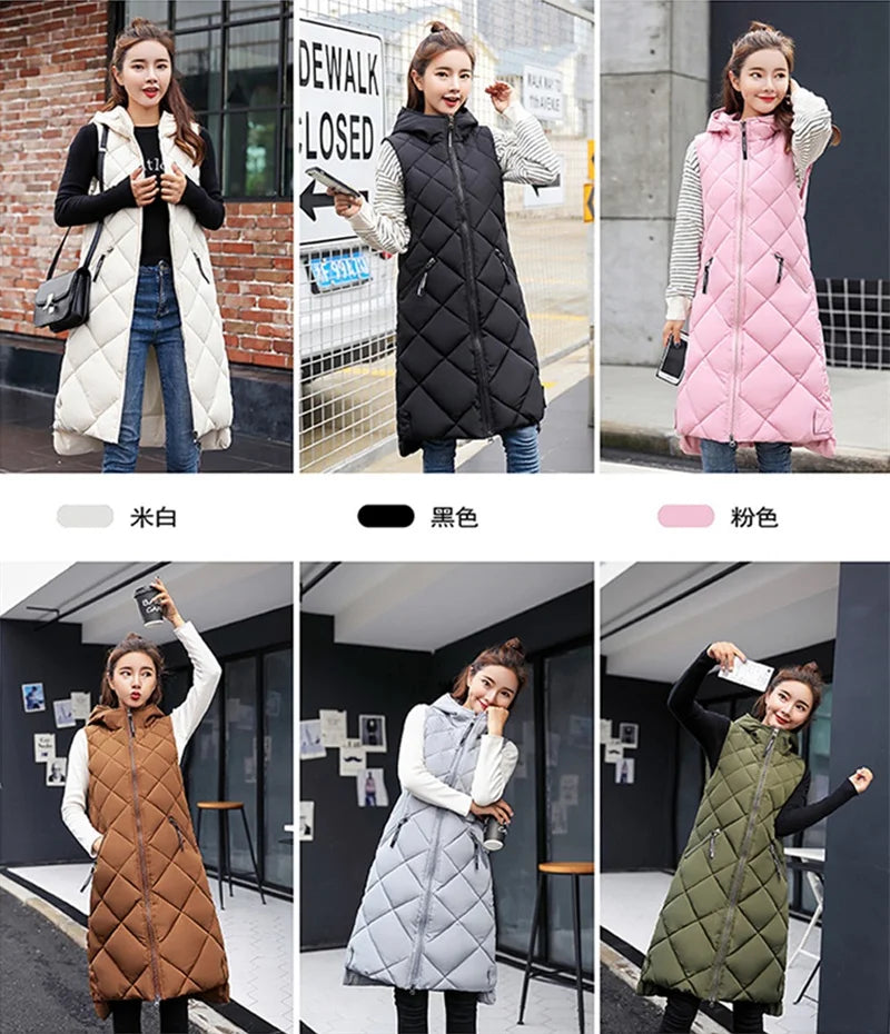 2024 New Winter Down Cotton Hooded Sleeveless Waistcoat Loose Vest Cotton Vest Long Women's Autumn Jacket Female Bisic Coats 90