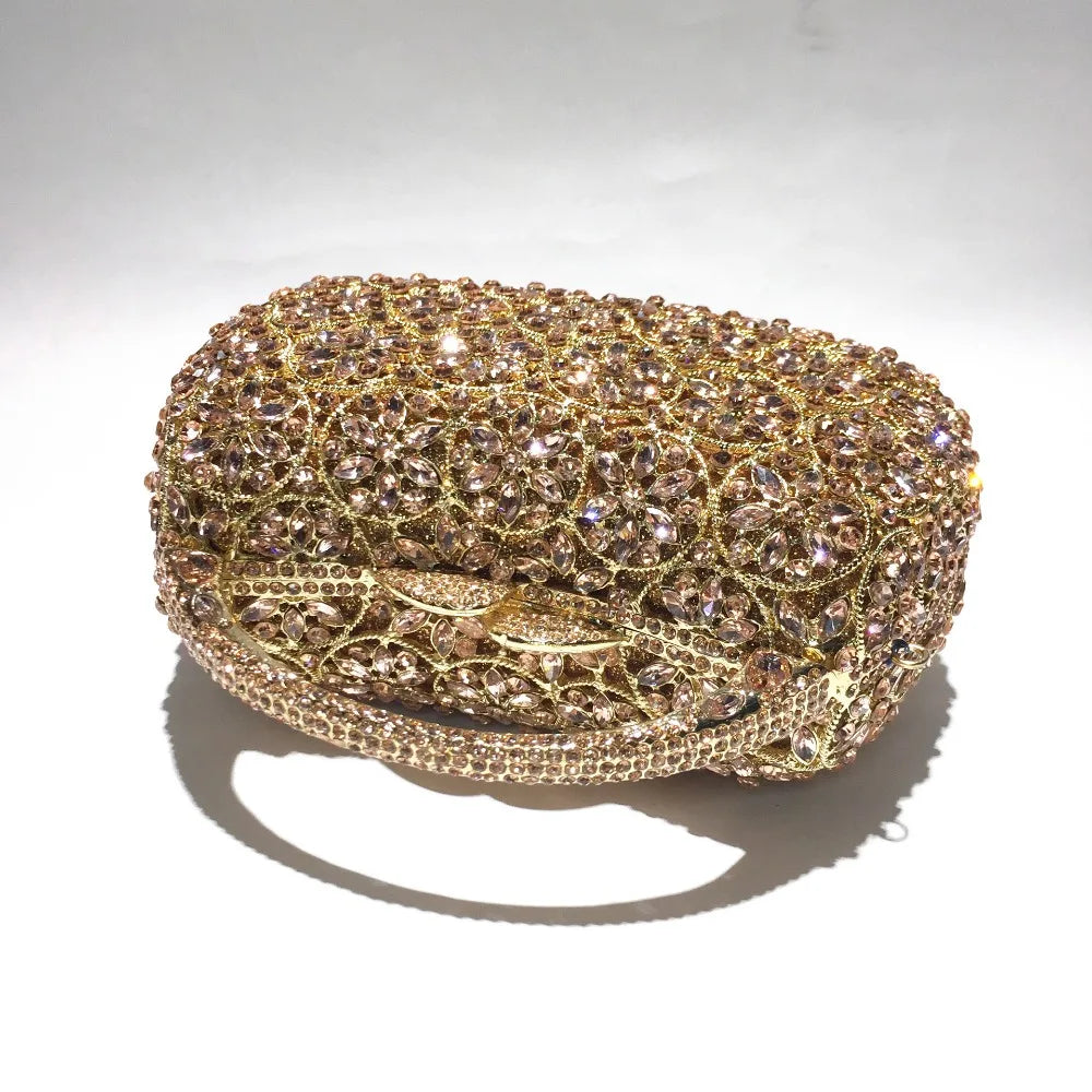 Women Champagne/Blue Color Stone Evening Bags Purses and Handbags Wedding Party Dinner Crystal Flower Clutch Bags Minaudiere Bag