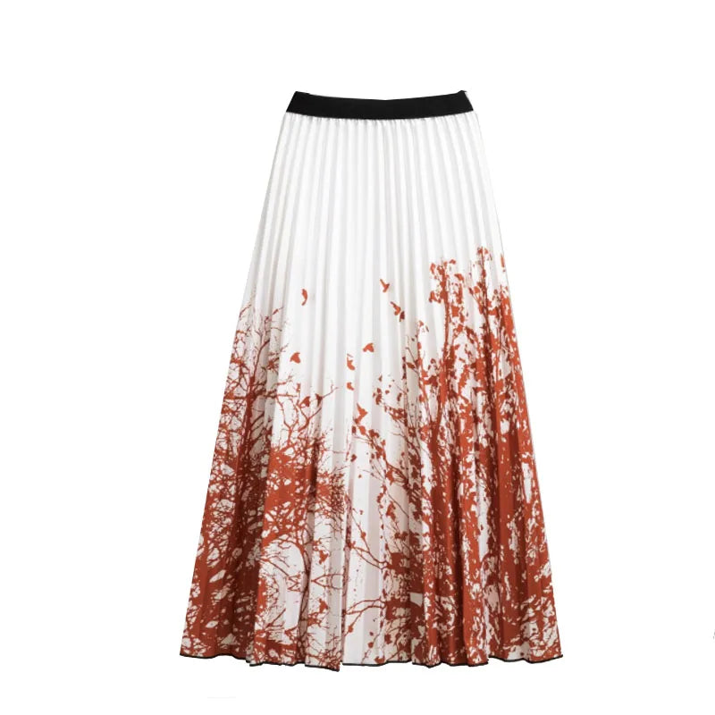Casual Floral Midi Pleated Skirt For Women Fashion Printed Flower A Line Elastic High Waist Mid-length Skirt Female Ladies falda