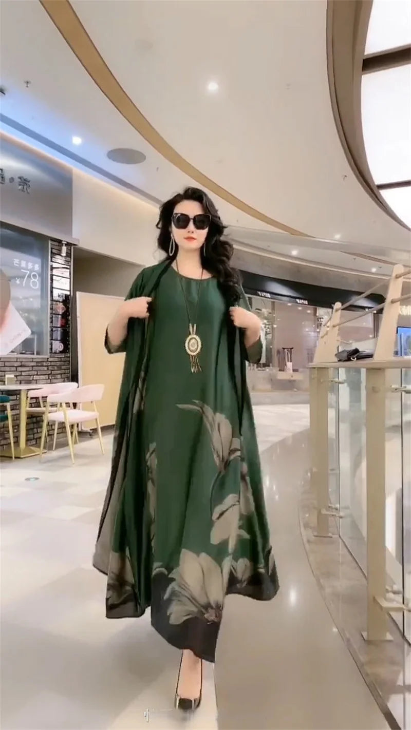 Middle Aged Mother Dress Suit Summer Casual Fashion Printing Two Piece Suits Long Dress Suits Women Temperament Dress Sets 729
