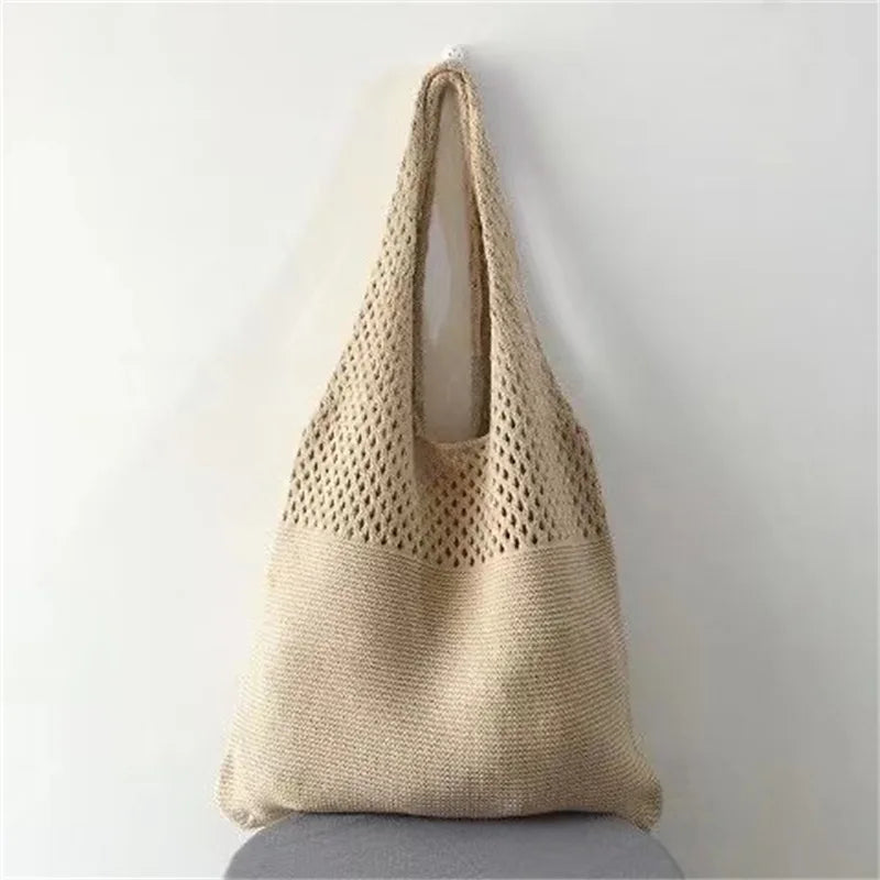 Custom Personalized Knitting Crochet Tote Bags Shoulder Handbags for Women Summer Beach Fashion Weaving Hollow Handbag