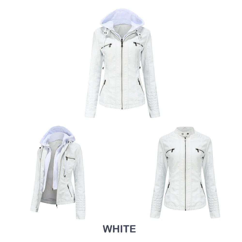 Autumn Winter Women Leather Jacket Hooded Removable PU Leather Jackets Motorcycle Long Sleeve Zipper Coat Black Outerwear XS-7XL