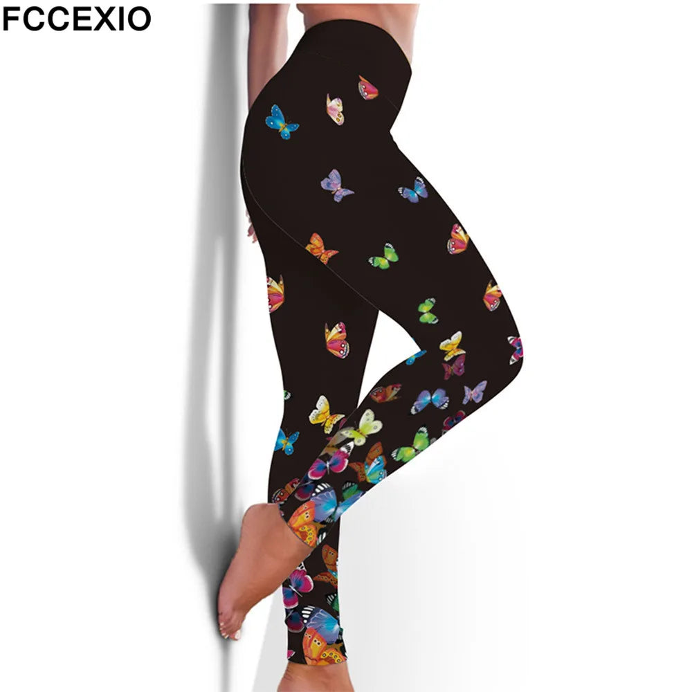 FCCEXIO High Waist Fitness Elastic Leggings 6 Colors The Butterfly 3D Print Sexy  Leggins Casual Workout Sport Pants