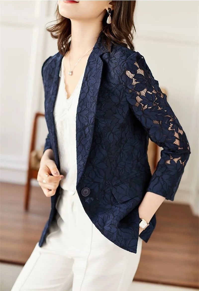 Size 6XL Lace Suit Jacket Female 2021 Autumn And Summer Temperament Sunscreen Hollow Blue Ladies Blazer Women Tops Elegant