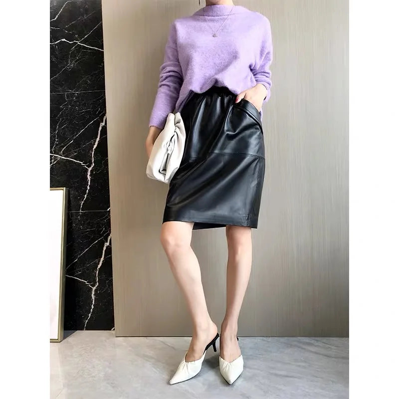 Leather Skirt Women With Pockets Midi Skirts Womens 2025 New Genuine Black And Green Sheepskin Leather Pencil Skirt Hgh Waist