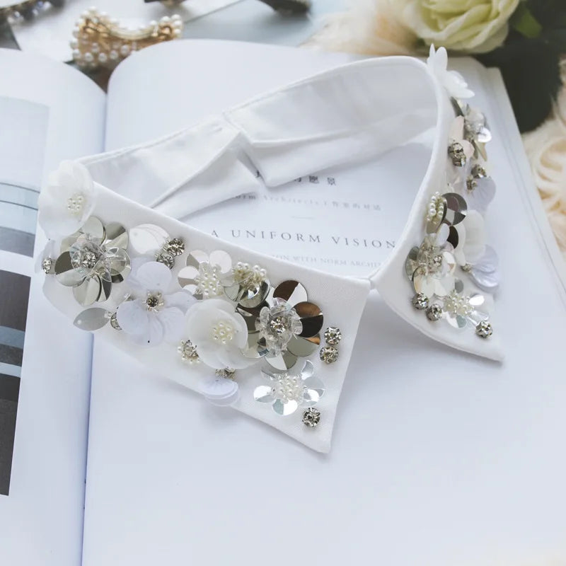 Fashion Women Sequins Detachable Collars Faux White Black False Collars Woman Tie Fashion Removable Diamond Fake Collar Women