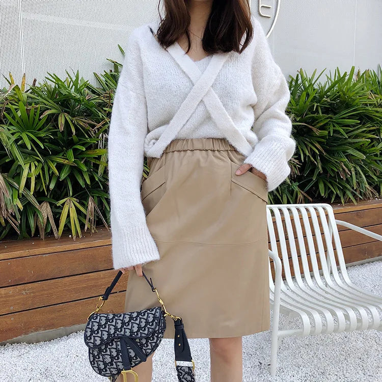 Leather Skirt Women With Pockets Midi Skirts Womens 2025 New Genuine Black And Green Sheepskin Leather Pencil Skirt Hgh Waist