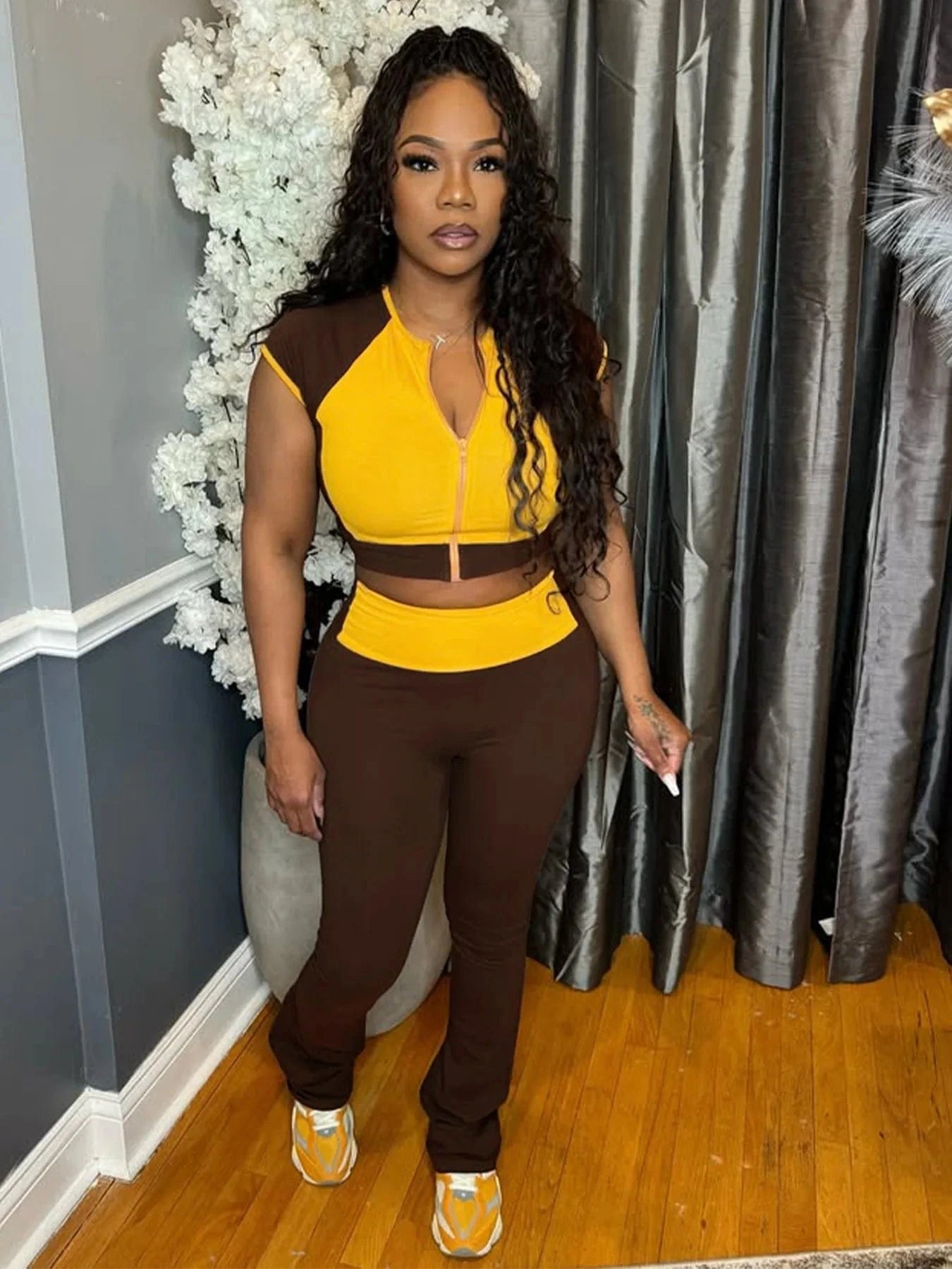 2025 New Women Spring Summer Outfit Set - Round Neck Zipper Tank Top + High Waist Flare Long Pants (Dropshipping/Wholesale)
