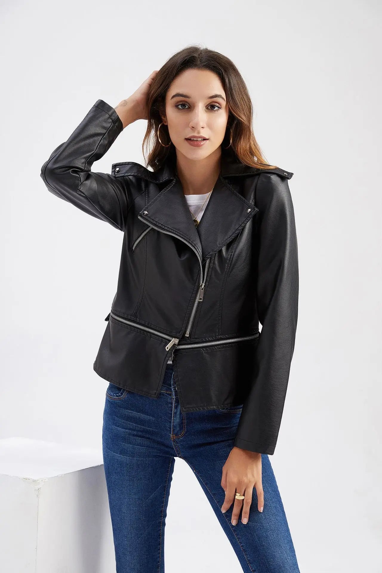 Spring Autumn Motorcycle PU Leather Jacket Women Casual Leather Coat Female Long Sleeve Turn-down Collar Solid Outwear