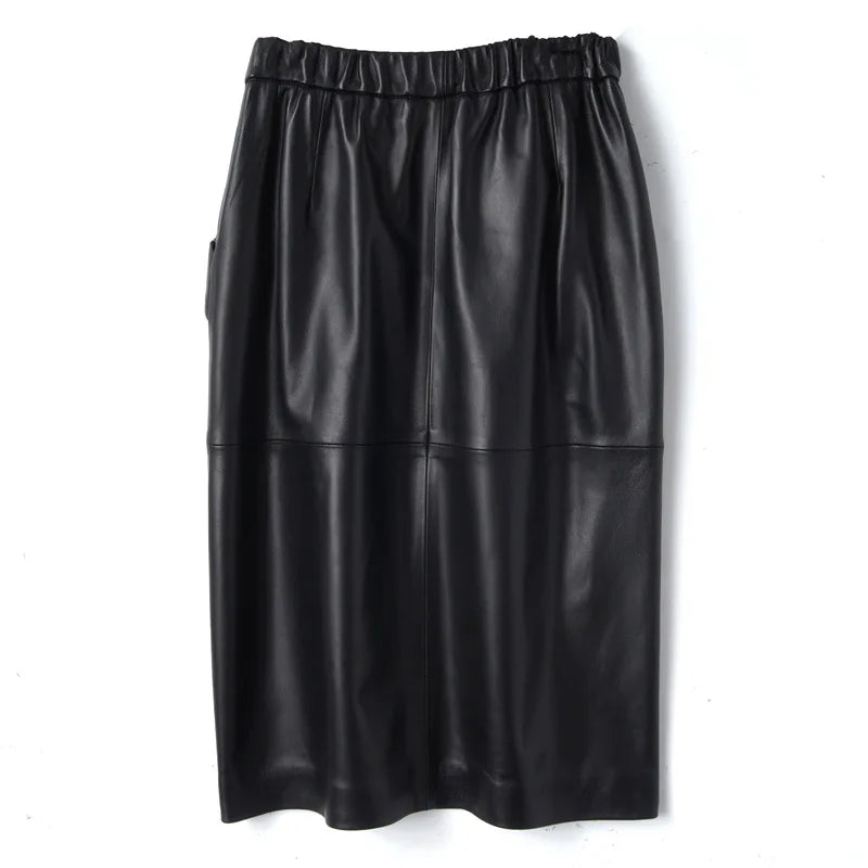 Leather Skirt Women With Pockets Midi Skirts Womens 2025 New Genuine Black And Green Sheepskin Leather Pencil Skirt Hgh Waist