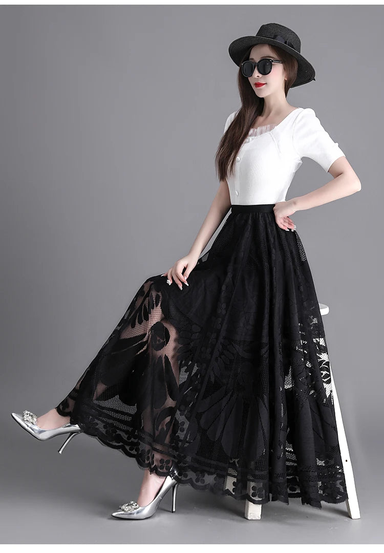 Fashion Long Black Skirt For Women A Line Lace Skirt Women Long Maxi Skirts For Women Summer Faldas Mujer