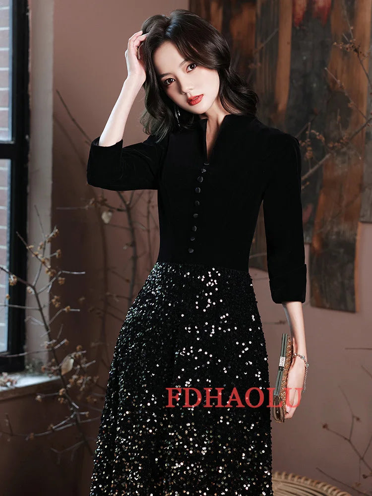 2025 Evening Dresses Elegant Black Sequins Evening Dress Long Plus Size Formal Gowns Shining robe de soiree Customized