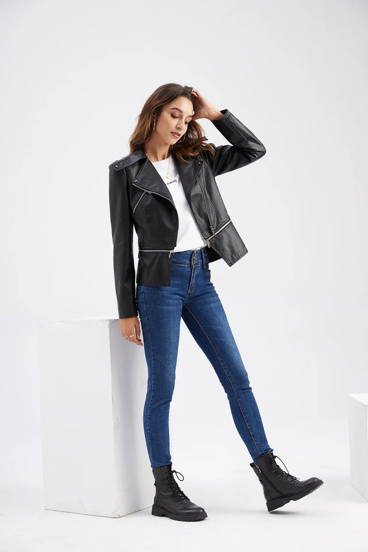 Spring Autumn Motorcycle PU Leather Jacket Women Casual Leather Coat Female Long Sleeve Turn-down Collar Solid Outwear