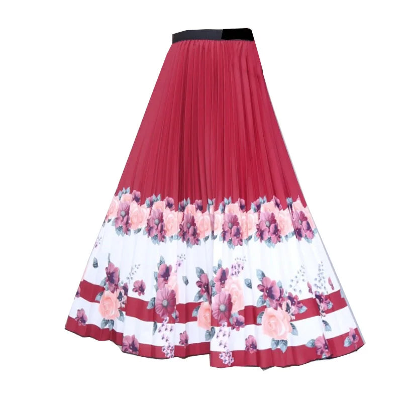 Casual Floral Midi Pleated Skirt For Women Fashion Printed Flower A Line Elastic High Waist Mid-length Skirt Female Ladies falda