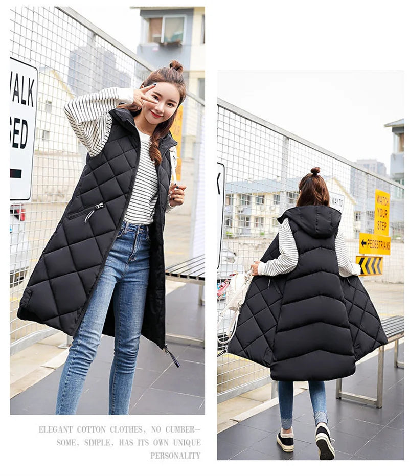 2024 New Winter Down Cotton Hooded Sleeveless Waistcoat Loose Vest Cotton Vest Long Women's Autumn Jacket Female Bisic Coats 90