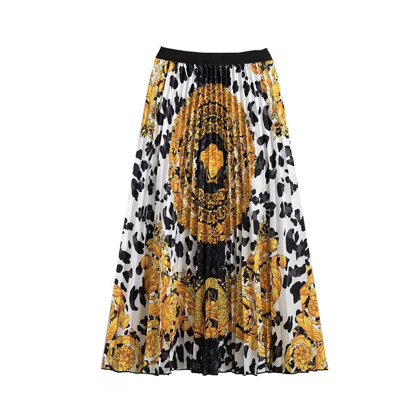 Casual Floral Midi Pleated Skirt For Women Fashion Printed Flower A Line Elastic High Waist Mid-length Skirt Female Ladies falda