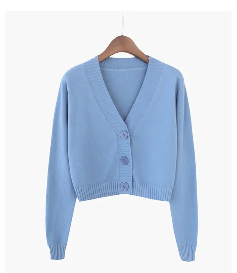 Knitted Cropped Cardigan Women Korean Short Sweater Long sleeve Crop Top V neck Fashion Y2k Clothes Green Blue