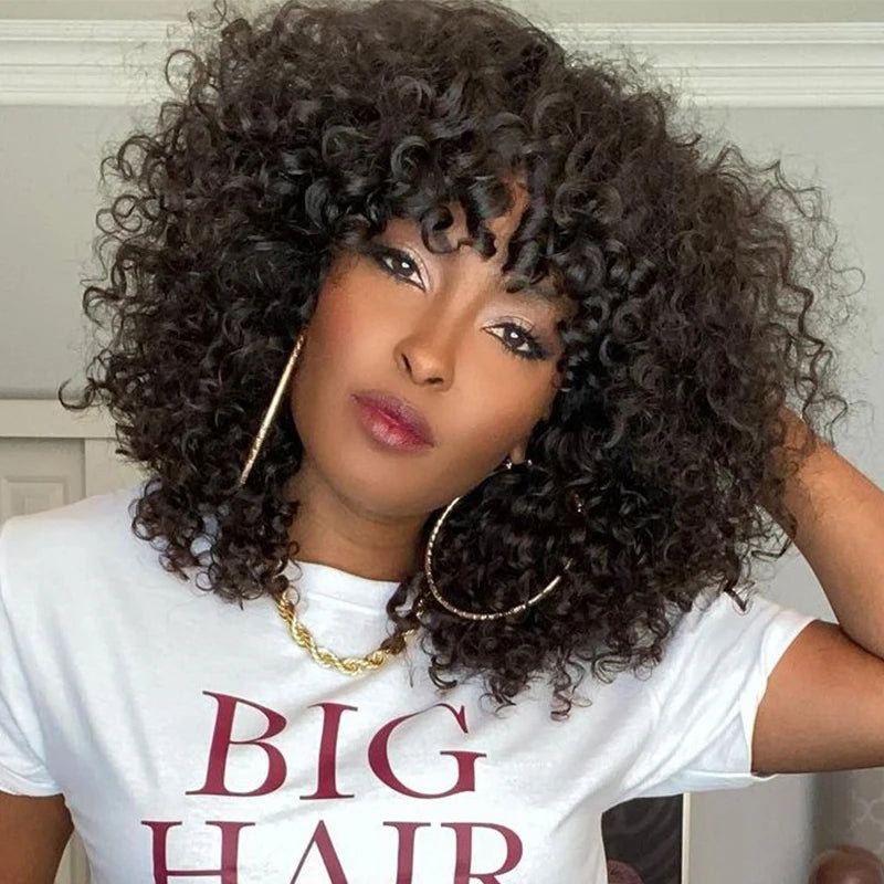 Short Bob Curly Human Hair Wigs Ombre Brazilian Remy Hair WIgs With Bangs Full Machine Made 180% Density Wigs For Black Women