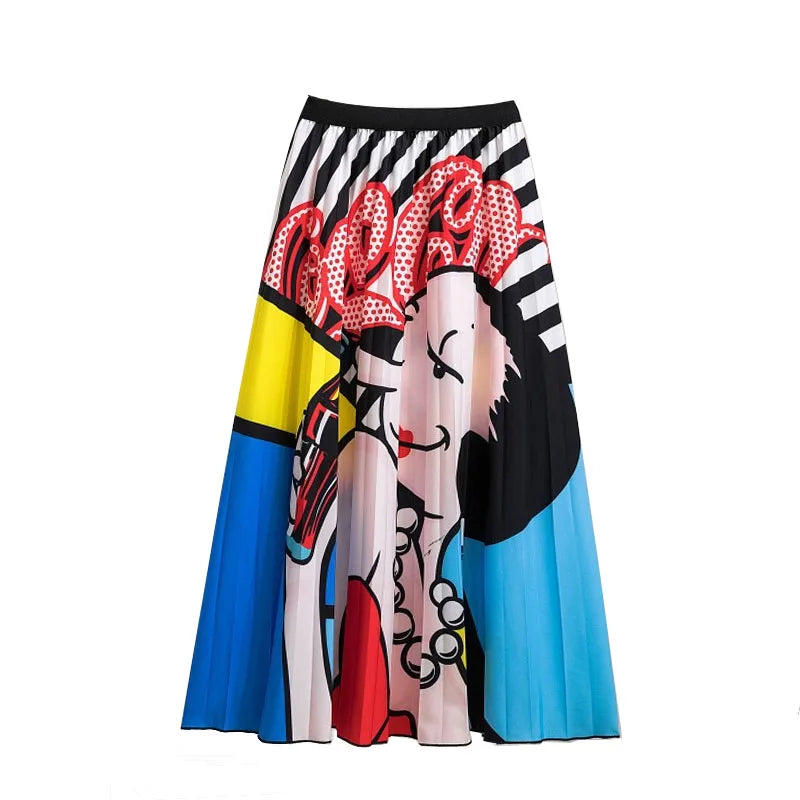 Casual Floral Midi Pleated Skirt For Women Fashion Printed Flower A Line Elastic High Waist Mid-length Skirt Female Ladies falda