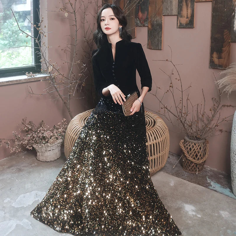 2025 Evening Dresses Elegant Black Sequins Evening Dress Long Plus Size Formal Gowns Shining robe de soiree Customized