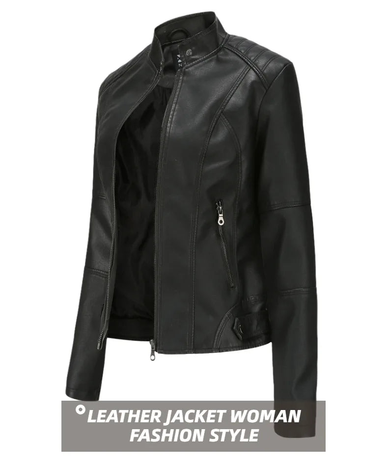 Women Leather Jacket 2025 Spring Autumn Black PU Leather Coat Stand-up Collar Motor Biker Jacket