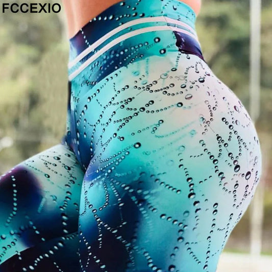 FCCEXIO Shinny Water Droplets Print Women Pants Push Up Running Sports Leggings Slim Pants Female Casual Trousers Fitness Leggin