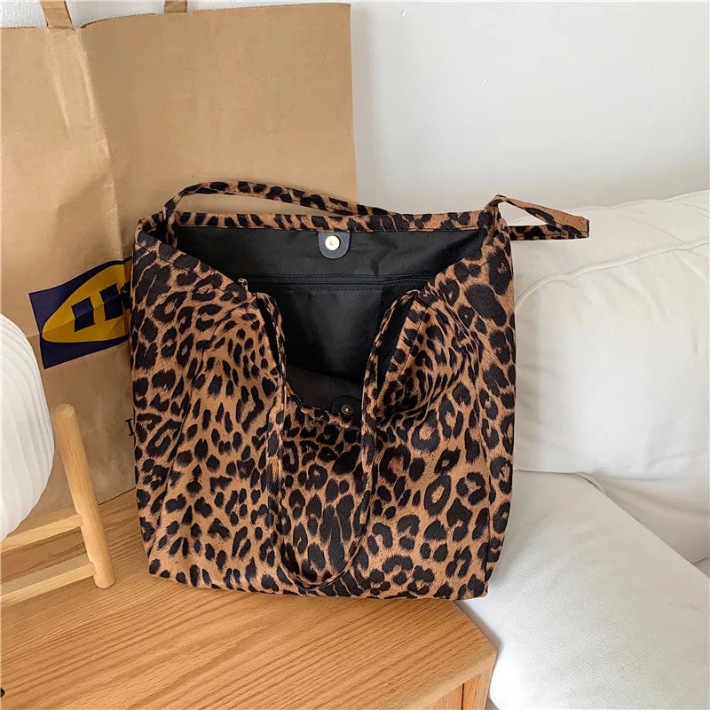 Fashion Women's Leopard Print Canvas Tote Bag Large Capacity Eco-Friendly Portable Foldable Shoulder Shopping Bag