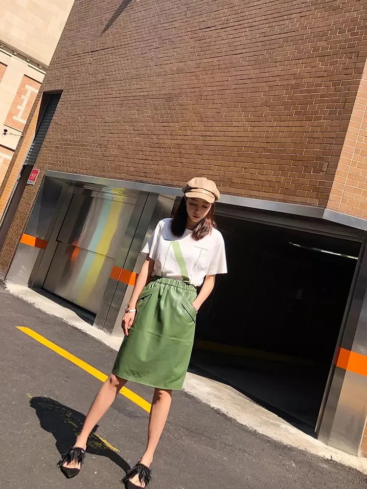 Leather Skirt Women With Pockets Midi Skirts Womens 2025 New Genuine Black And Green Sheepskin Leather Pencil Skirt Hgh Waist