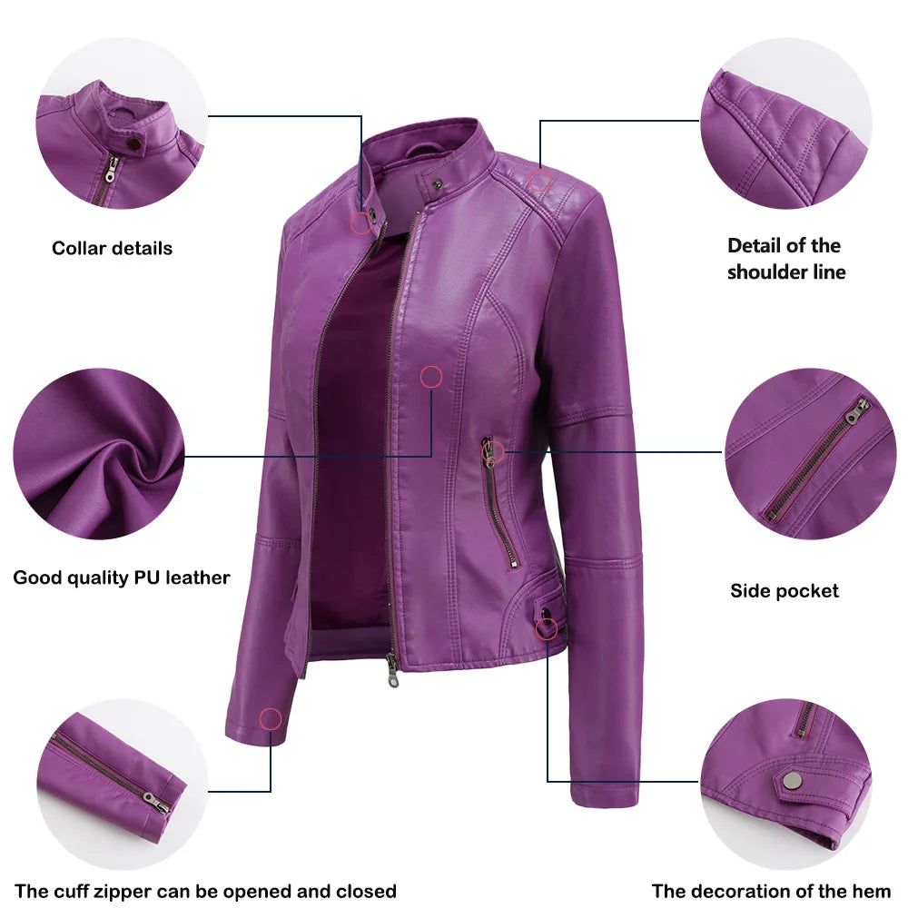 Women Leather Jacket 2025 Spring Autumn Black PU Leather Coat Stand-up Collar Motor Biker Jacket