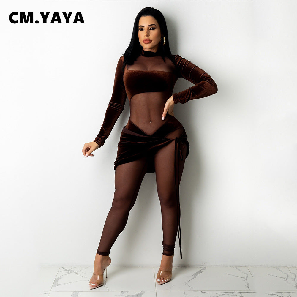 CM.YAYA Autumn Winter Women Long Sleeve Velvet Mesh Patchwork Jumpsuit Vintage Sexy Night Party Club One Piece Romper Playsuit