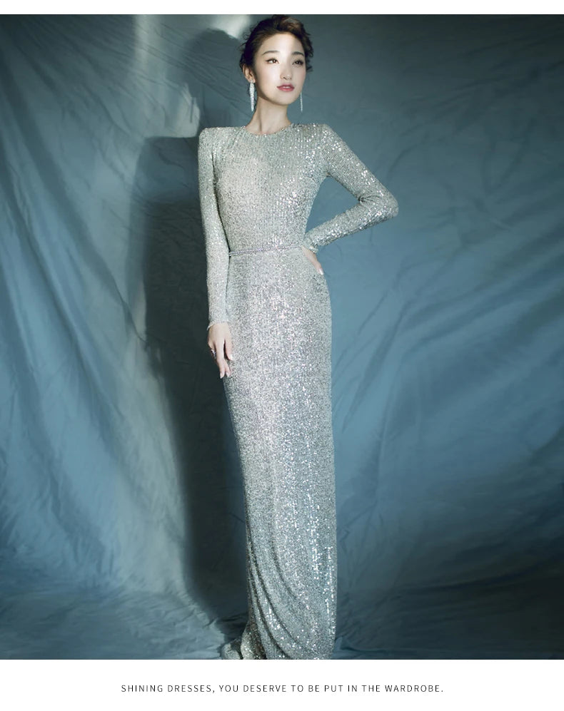 FDHAOLU FU124 Muslim Silver Mermaid Elegant Evening Dresses Gowns Long Sleeves Sparkle For Women Party Dress Customized