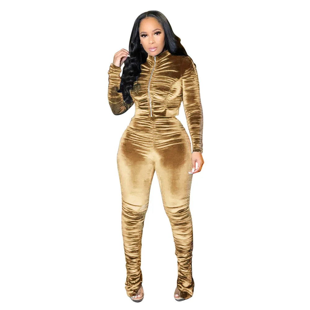 Autumn Winter Velvet Tracksuit Women Clothing Sets Ruched Casual Two Piece Set Top and Pants Sweat Suits Velour 2 Piece Outfits