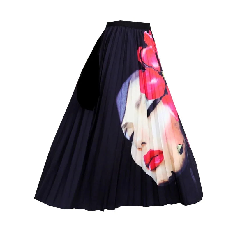 Casual Floral Midi Pleated Skirt For Women Fashion Printed Flower A Line Elastic High Waist Mid-length Skirt Female Ladies falda