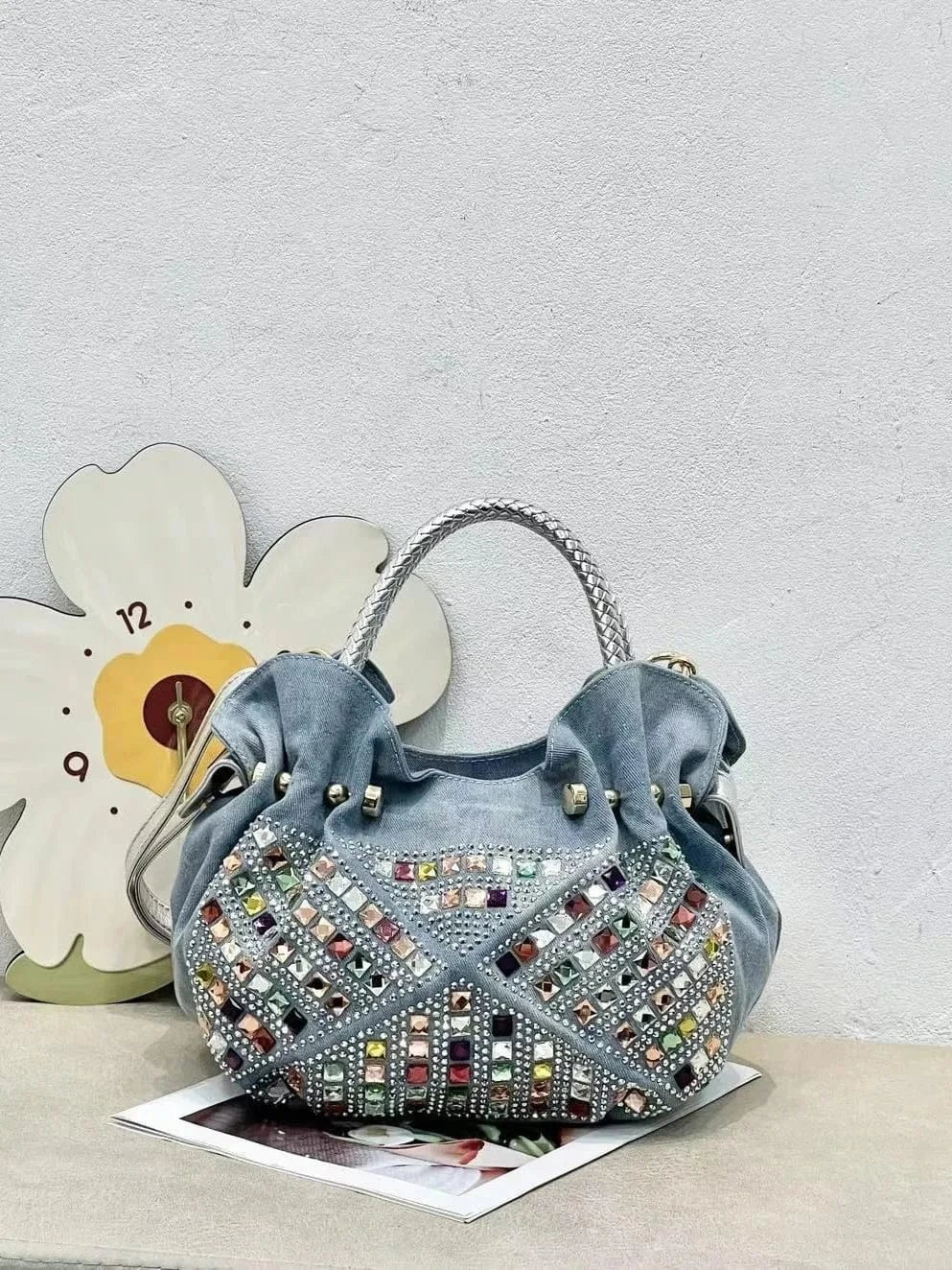Fashion Diamond Set Denim Women's Bag Canvas Tote Girl Denim Trend Bag Crossbody Denim Blue 2024 New Model