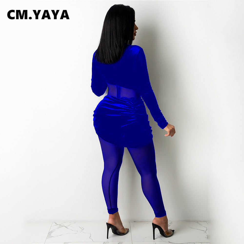 CM.YAYA Autumn Winter Women Long Sleeve Velvet Mesh Patchwork Jumpsuit Vintage Sexy Night Party Club One Piece Romper Playsuit
