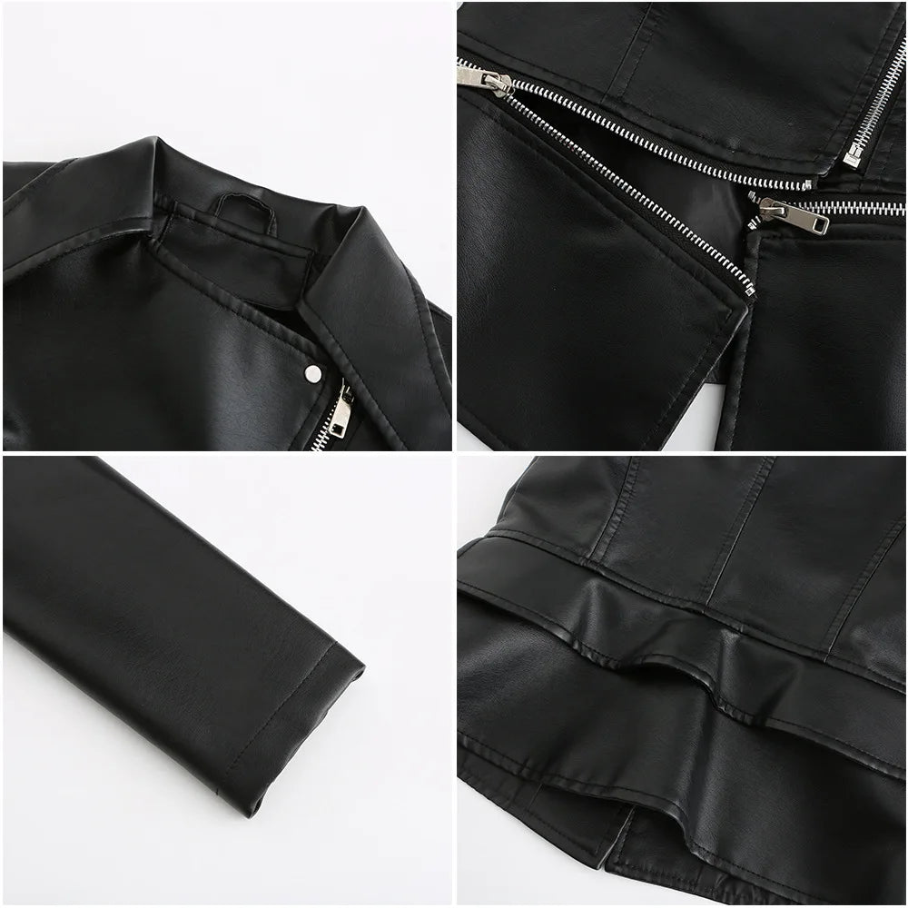 Spring Autumn Motorcycle PU Leather Jacket Women Casual Leather Coat Female Long Sleeve Turn-down Collar Solid Outwear