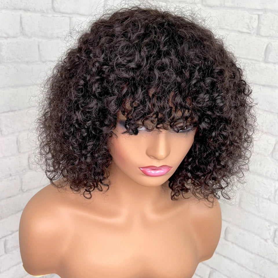 Short Ombre Curly Human Hair Bob Wig With Bangs for Women