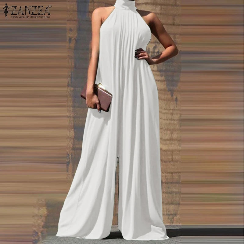 ZANZEA 2024 Summer Women Party Elegant Jumpsuits Wide Leg Rompers Solid Color Wide Leg Playsuits Holiday Chic Sleeveless Overall