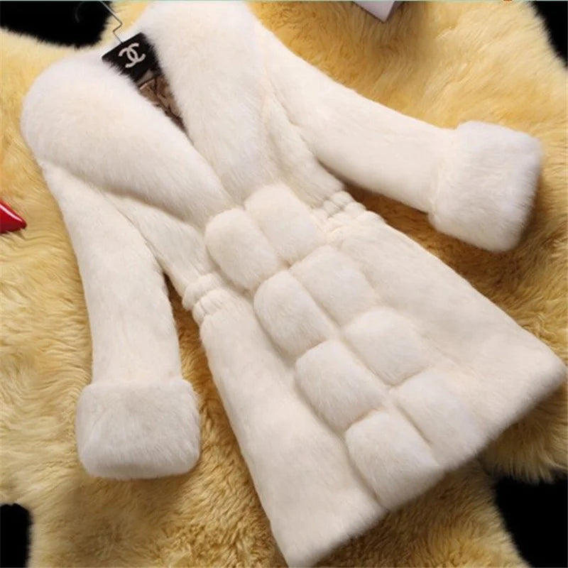 Vintage 2024 New Autumn Winter Female Mid-Long Fleece Overcoat Faux Fur Fox Fur Collar Mink Fur Coat Thicken Elegant 408