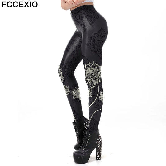 FCCEXIO White Lotus Printed Leggings Women Fitness Pants Female Sexy Black Mid Waist Leggins Workout Elastic Mandala Legins