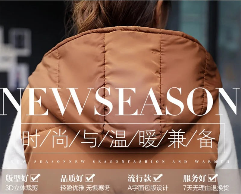 2024 New Winter Down Cotton Hooded Sleeveless Waistcoat Loose Vest Cotton Vest Long Women's Autumn Jacket Female Bisic Coats 90