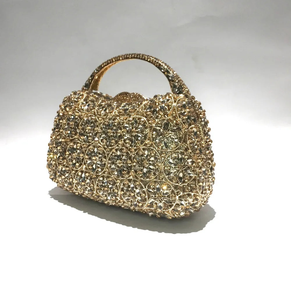 Women Champagne/Blue Color Stone Evening Bags Purses and Handbags Wedding Party Dinner Crystal Flower Clutch Bags Minaudiere Bag