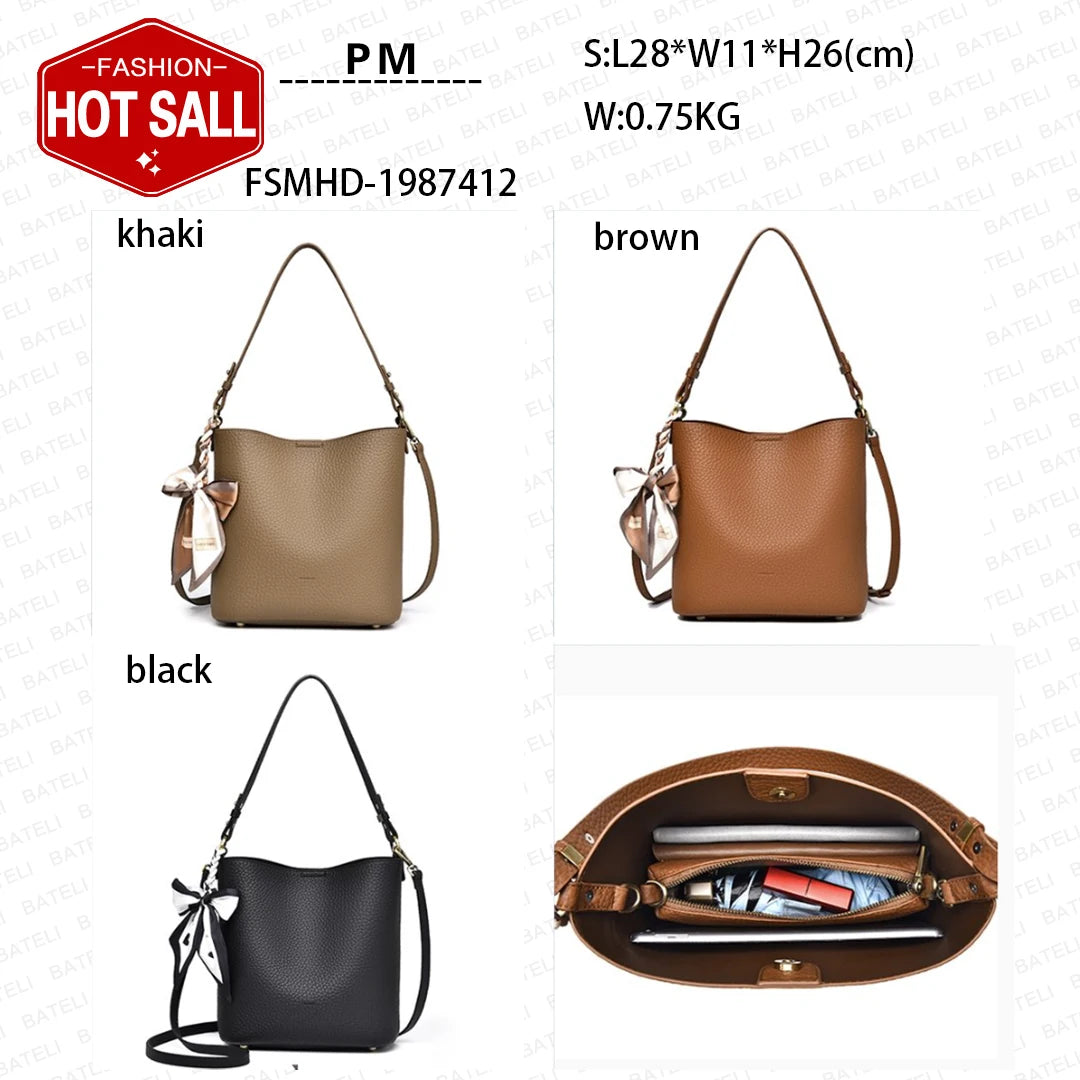 2024 Women's Fashionable Soft Leather Bucket Bag Stylish and Versatile Single Shoulder Zipper Closure Casual Crossbody Bag