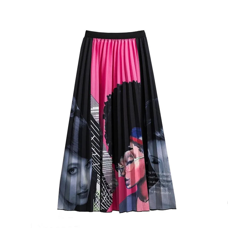 Casual Floral Midi Pleated Skirt For Women Fashion Printed Flower A Line Elastic High Waist Mid-length Skirt Female Ladies falda